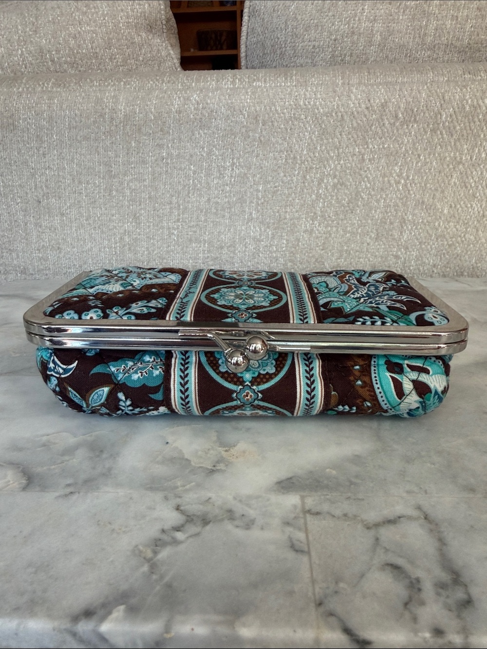 Vera Bradley Makeup Lined Quilted Floral Kiss Lock Clasp Wallet - Brown & Teal